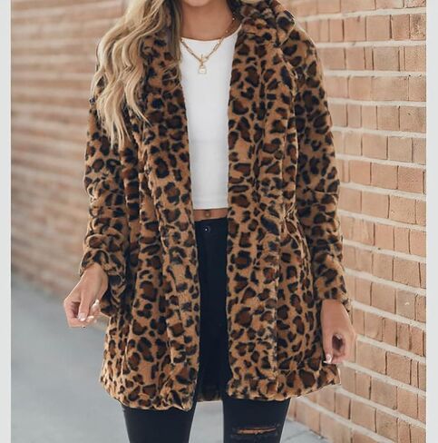 CORIRESHA Women's Leopard Print Faux Fur Coat Lapel Casual fuzzy Autumn Winter Coat in Saudi Arabia
