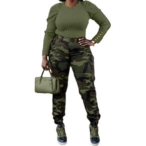Women's Casual Cargo Camouflage Camo Pants with Pocket