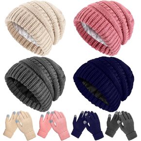 4 Sets Winter Knitted Beanie Hat Glove Set for Women Soft Warm Hat Touchscreen Gloves Winter Hats Winter Gloves for Women