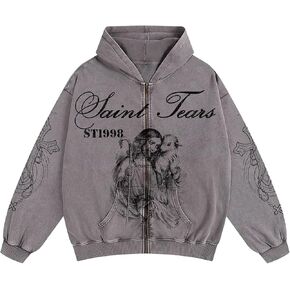 Chainsaw Man Mens Streetwear Zip Up Hoodie Saint Graphic Long Sleeve Jacket with Pockets Casual Letter Print Sweatshirt