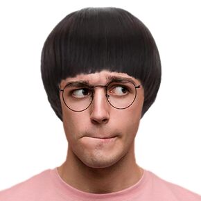 Anogol Hair Cap + Short Dark Brown Bowl Cut Wig Mushroom Wigs with Bangs for Men Women Funny Wigs 60s Wigs for Movie Halloween Cosplay Costume Party