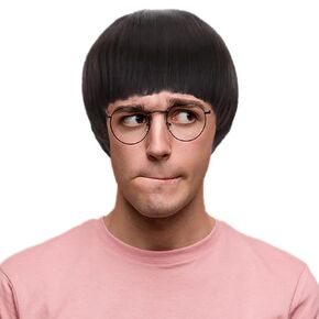 Anogol Hair Cap + Short Dark Brown Bowl Cut Wig Mushroom Wigs with Bangs for Men Women Funny Wigs 60s Wigs for Movie Halloween Cosplay Costume Party