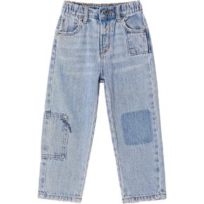 KIDSCOOL SPACE Baby Little Boys Jeans, Girls Elastic Waist Adjustable Ripped Patchworked Denim Pants