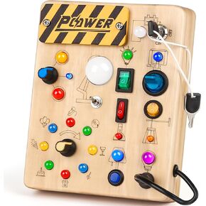 Joyreal Montessori Busy Board Toy for Toddlers, LED Wooden Sensory Board with 8 Switch Light Designs, Early Activity Motor Skills Educational Toys for Toddler 1 2 3 Year Old Boys Girls
