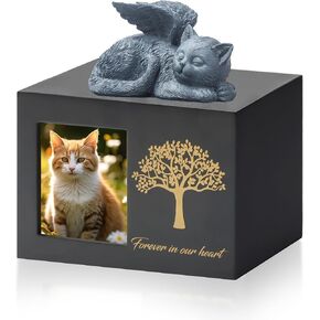 Pet Urn for Cat Ashes,Wooden Black Cat Urns for Ashes,Cat Memory Box,Cat AshesKeepsake with Resin Cat Angel Statue and Ashes Bag
