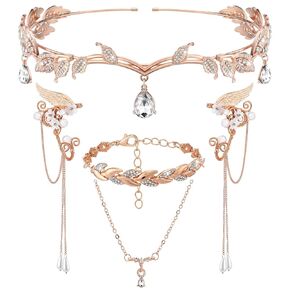 Huquary 4 Pcs Rhinestone Leaf Wedding Tiara Headband Elf Ear Cuffs for Brides Women Fairy Elf Crown Necklace Leaf Link Crystal Bracelet Jewelry Accessories for Christmas Cosplay Decor