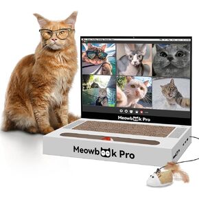 Cat Scratcher Laptop with 'Mouse' Jingle Ball, Stickers, 3-in-1 Cardboard Cat Interactive Toy, Kitten Toy & Cat Scratching Pad