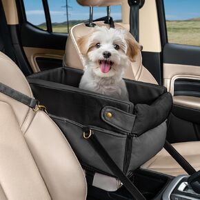 Center Console Dog Car Seat for Small Dogs – Stylish Water & Scratch Resistant Leatherette – Buffering Pet Safety Belt – Impact Absorbing Frame - Grey & Pink