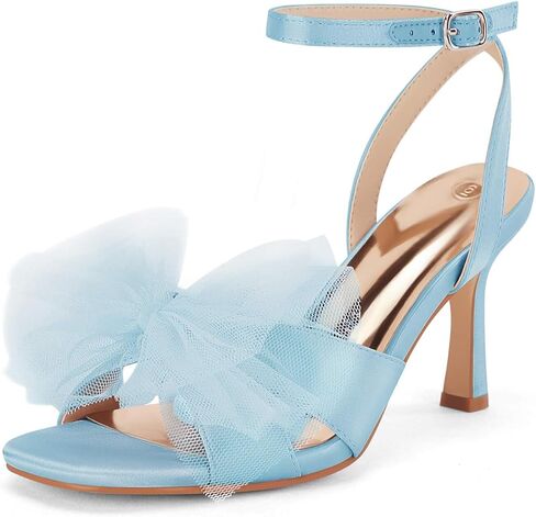 Coutgo Womens Lace Bow Sandals Open Square Toe Ankle Strap Stiletto High Heels Wedding Party Dress Shoes in Kuwait