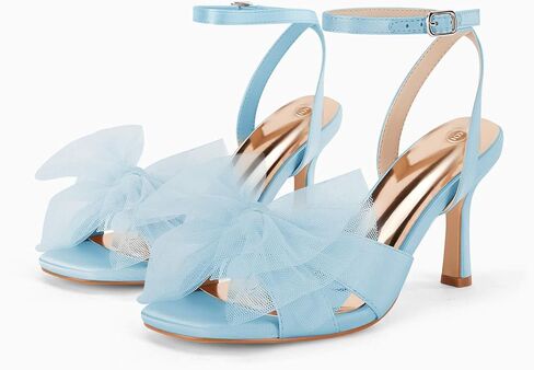 Coutgo Womens Lace Bow Sandals Open Square Toe Ankle Strap Stiletto High Heels Wedding Party Dress Shoes in Kuwait