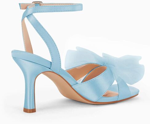 Coutgo Womens Lace Bow Sandals Open Square Toe Ankle Strap Stiletto High Heels Wedding Party Dress Shoes in Kuwait