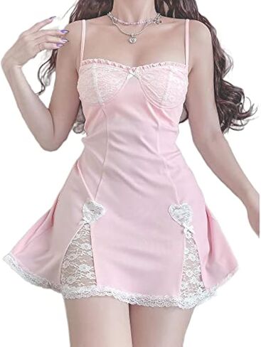 Womens Fairycore Square Neck Dress Short Puff Sleeve A-Line Gyaru Kawaii Mini Dress Aesthetic Clothes Lace in Kuwait