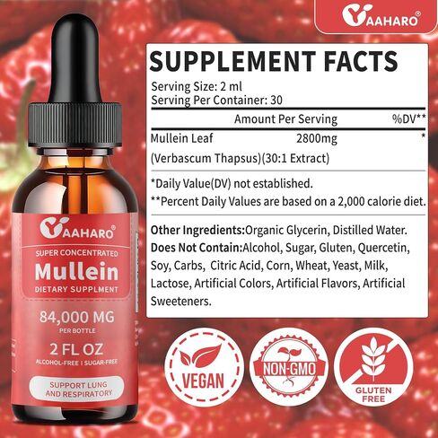 (2 Pack) Mullein Drops for Lungs - Support Lung Cleanse & Respiratory Function - Alcohol Free Natural Herbal Supplement, Mullein Leaf - Sugar-Free, Vegan, Non-GMO, Gluten-Free - 4 Fl Oz in Saudi Arabia
