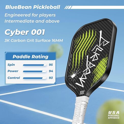 Pickleball Paddles, USAPA Approved, 3K Raw Carbon Fiber Pickleball Paddle with a 16MM Polymer Honeycomb Core Provides Higher Grit&Spin, Engineered for Players Intermediate and Above, BlueBean in Saudi Arabia