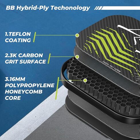 Pickleball Paddles, USAPA Approved, 3K Raw Carbon Fiber Pickleball Paddle with a 16MM Polymer Honeycomb Core Provides Higher Grit&Spin, Engineered for Players Intermediate and Above, BlueBean in Saudi Arabia