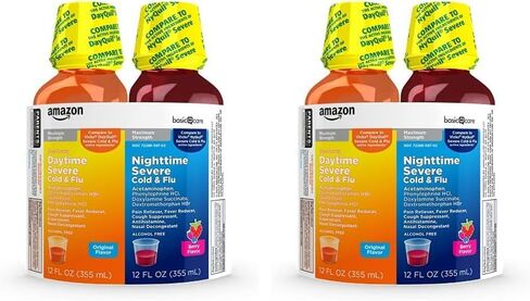 Amazon Basic Care Daytime and Nighttime Max Strength Severe Cold and Flu Relief Medicine, Combo Pack, Liquid Medication for Day and Night, Original and Berry, 24 fl oz (Pack of 1) in Saudi Arabia
