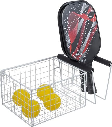 MyGift 16 Inch Wall Mounted Matte Black Metal Pickleball Paddle Rack and Storage, Hanging Equipment Organizer with Racket Holder and Basket for Balls in Saudi Arabia