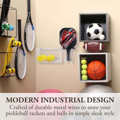 MyGift 16 Inch Wall Mounted Matte Black Metal Pickleball Paddle Rack and Storage, Hanging Equipment Organizer with Racket Holder and Basket for Balls in Saudi Arabia
