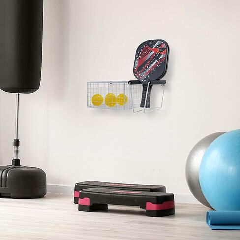 MyGift 16 Inch Wall Mounted Matte Black Metal Pickleball Paddle Rack and Storage, Hanging Equipment Organizer with Racket Holder and Basket for Balls in Saudi Arabia