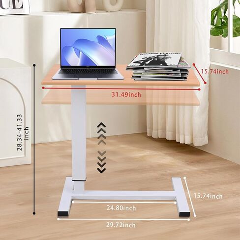 Adjustable Overbed Bedside Table with Swivel Hidden Wheels, Pneumatic Sliding Desk Mobile Desk Workstation for Home and Hospital (White) in Saudi Arabia