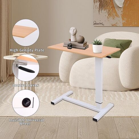 Adjustable Overbed Bedside Table with Swivel Hidden Wheels, Pneumatic Sliding Desk Mobile Desk Workstation for Home and Hospital (White) in Saudi Arabia