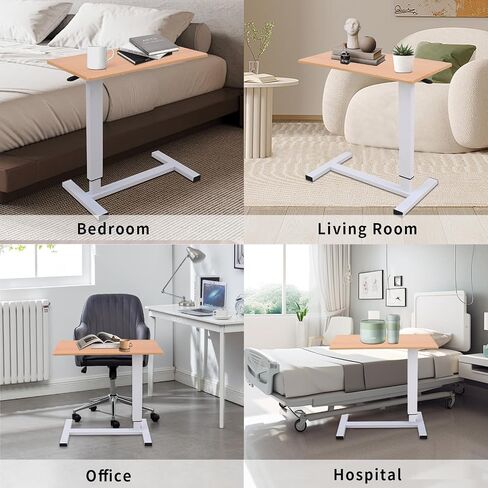 Adjustable Overbed Bedside Table with Swivel Hidden Wheels, Pneumatic Sliding Desk Mobile Desk Workstation for Home and Hospital (White) in Saudi Arabia