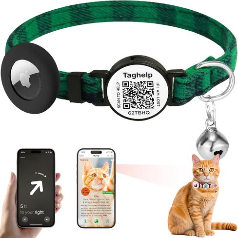 Grid cloth breakaway Cat Collar with QR code smart ID tag with AirTag Holder and Bell, Light, Adjustable,AirTag, Integrated Air Tag Cat Collar for Apple.Tracker for Girl Boy Cats Kittens (Pink) in Kuwait