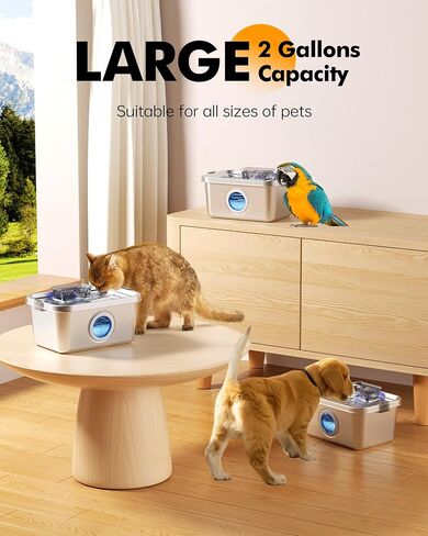 Dog & Cat Water Fountain, 2 Gallon 304 Food Grade Stainless Steel Water Fountain for Small, Medium & Large Dog, Quiet Pet Water Fountain with Filter, Smart Water Pump Protection, Easy to Clean in Saudi Arabia