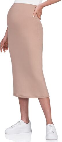 POSHDIVAH Women's Maternity Skirt Over The Belly Midi High Waisted Solid Stretchy Pregnancy Pencil Skirt in Kuwait