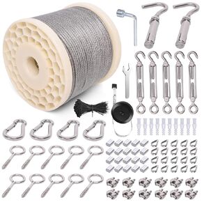 300FT 1/8" Wire Rope Kit, Vinyl Coated 304 Stainless Steel Wire Cable, 7x7 Strands 920LBS Breaking Strength, M5 Turnbuckle for Cable Wire, String Light Hanging Kit for Outdoor, Garden, Clothesline