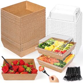 100 Pack Small Charcuterie Boxes with Clear Lids, 5.5" x 5.1" x 2.5" Kraft Disposable Food Containers, Bakery Dessert Box with Twine & Stickers for Sandwich, Cake Slice, Snacks, Strawberries (Brown)