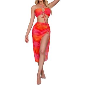 MakeMeChic Women's 3 Piece Bikini Set Swimsuit Tie Back Halter Triangle with Cover up Skirt Bathing Suit