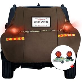 iCOVER Bike Cover for Transport with Towing Light& License Plate Pocket- Patent Pending 800D Waterproof Ripstop Outdoor Bicycle Cover with Bungee Cargo Net for 1-2 Bikes on Rack