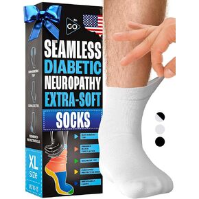 DR. GO Neuropathy Socks for Men [100% Seamless] Diabetic Socks with Non-Binding Top, Enhance Blood Circulation, Cushioned Protective Sole for Diabetic Foot, 4 Pairs in White, Size 13-15 Ankle