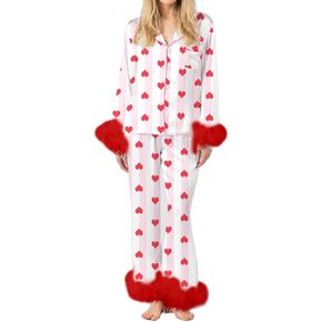 Women Valentine's day Feather Pajamas Silk Satin Lounge Sets Long Sleeve Button Down Shirts and Pants 2 Piece Pj Set
