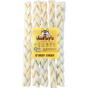 Woofley's 6" Buffalo Beef Cheek Braids Regular - (12 Count)- Beef Cheek Dog Chews - No Hide Bones for Dogs
