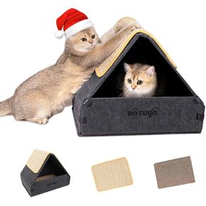 NATUYA Cat Scratcher House with Cardboard Sisal Scratching Pad, Indoor Sturdy Cozy Cats Hideaway Box Bed Hut for Pet Kitten Cats Play Nap Scratch, Detachable & Easy Assembly