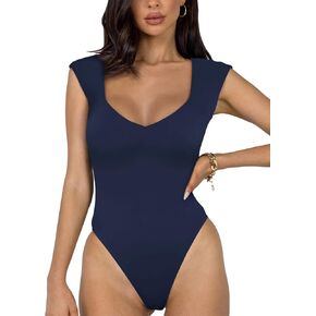 REORIA Women's Sexy Casual V Neck Double Lined Sleeveless Slimming Going Out Tank Top Bodysuits