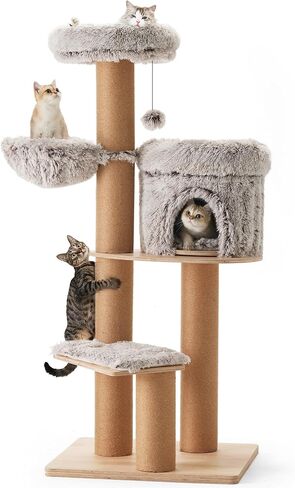 FUKUMARU Cat Scratching Post with Plush Bed, 2 in 1 Tall Kitten Scratch Post with Jute Rope, 5.5 Inch Width Sturdy Claw Scratch Pole with Perch, Cat Tree with Bed for Most Cats in Saudi Arabia