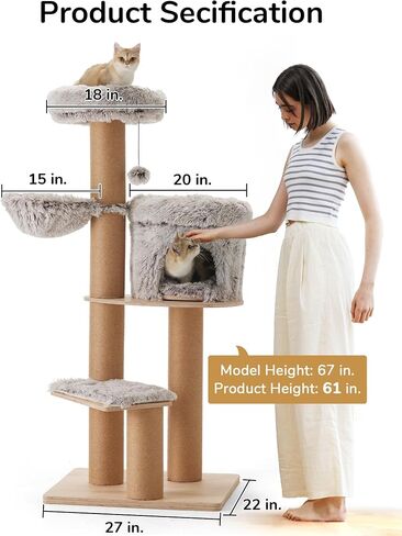FUKUMARU Cat Scratching Post with Plush Bed, 2 in 1 Tall Kitten Scratch Post with Jute Rope, 5.5 Inch Width Sturdy Claw Scratch Pole with Perch, Cat Tree with Bed for Most Cats in Saudi Arabia