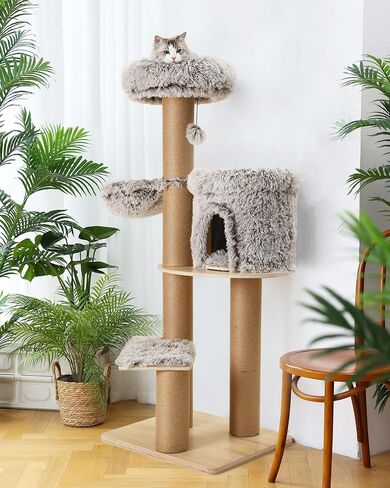 FUKUMARU Cat Scratching Post with Plush Bed, 2 in 1 Tall Kitten Scratch Post with Jute Rope, 5.5 Inch Width Sturdy Claw Scratch Pole with Perch, Cat Tree with Bed for Most Cats in Saudi Arabia