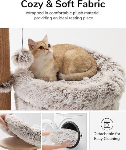FUKUMARU Cat Scratching Post with Plush Bed, 2 in 1 Tall Kitten Scratch Post with Jute Rope, 5.5 Inch Width Sturdy Claw Scratch Pole with Perch, Cat Tree with Bed for Most Cats in Saudi Arabia