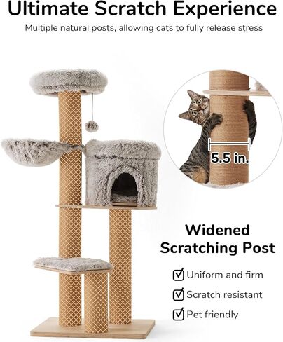 FUKUMARU Cat Scratching Post with Plush Bed, 2 in 1 Tall Kitten Scratch Post with Jute Rope, 5.5 Inch Width Sturdy Claw Scratch Pole with Perch, Cat Tree with Bed for Most Cats in Saudi Arabia