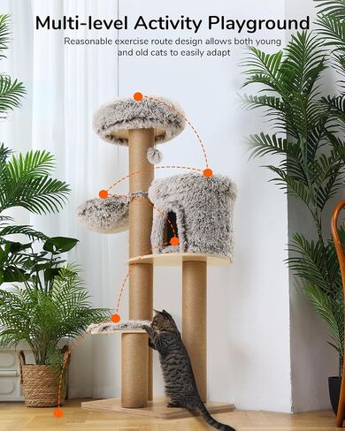 FUKUMARU Cat Scratching Post with Plush Bed, 2 in 1 Tall Kitten Scratch Post with Jute Rope, 5.5 Inch Width Sturdy Claw Scratch Pole with Perch, Cat Tree with Bed for Most Cats in Saudi Arabia