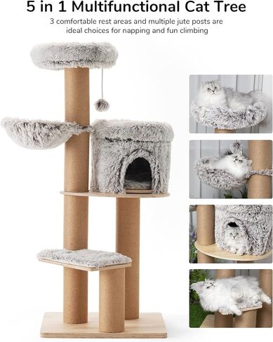 FUKUMARU Cat Scratching Post with Plush Bed, 2 in 1 Tall Kitten Scratch Post with Jute Rope, 5.5 Inch Width Sturdy Claw Scratch Pole with Perch, Cat Tree with Bed for Most Cats in Saudi Arabia