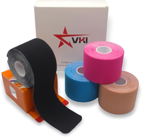 VKI Kinesiology Tape 4 Rolls - 65.6 FT 80 Precut Strips, Water Resistant Elastic Cotton Athletic Tape, Hypoallergenic Sport Tape Roll for Joint Support & Muscle Pain Relief (Black) in Saudi Arabia