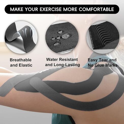 VKI Kinesiology Tape 4 Rolls - 65.6 FT 80 Precut Strips, Water Resistant Elastic Cotton Athletic Tape, Hypoallergenic Sport Tape Roll for Joint Support & Muscle Pain Relief (Black) in Saudi Arabia