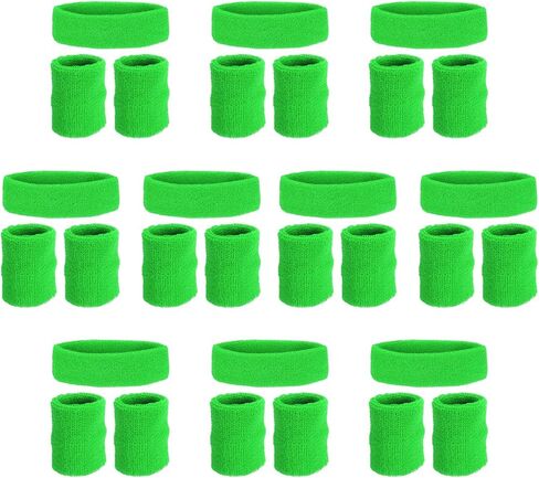 PATIKIL Sweatbands Headband Wristband, 10 Set/30Pcs Sweatband Terry Cloth for Sports Basketball Tennis Athletic Gym Working Out, Green in Saudi Arabia