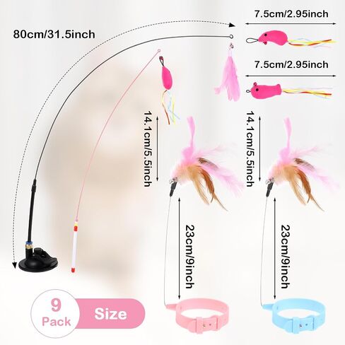 2Pcs Cat Collar Toy, Adjustable Cat Feather Neck Collar Toy Cat Teasing Wand with Silicone Collar, Funny Cat Stick, Interactive Self Playing Toys Bell for Indoor Cat Playing Small Animals(Blue, Pink) in Saudi Arabia