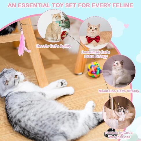 2Pcs Cat Collar Toy, Adjustable Cat Feather Neck Collar Toy Cat Teasing Wand with Silicone Collar, Funny Cat Stick, Interactive Self Playing Toys Bell for Indoor Cat Playing Small Animals(Blue, Pink) in Saudi Arabia